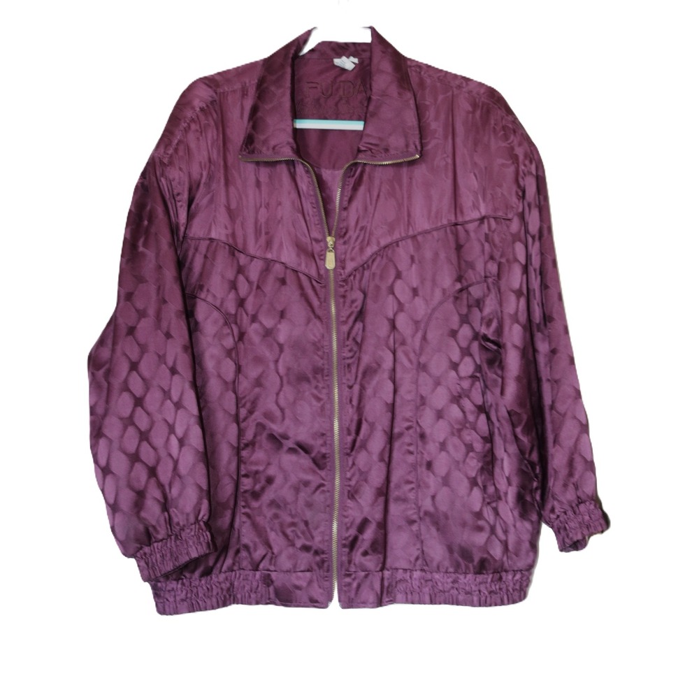 Fuda International Silk Bomber Jacket Womens 1X Purple Jacquard Full Zip Lined